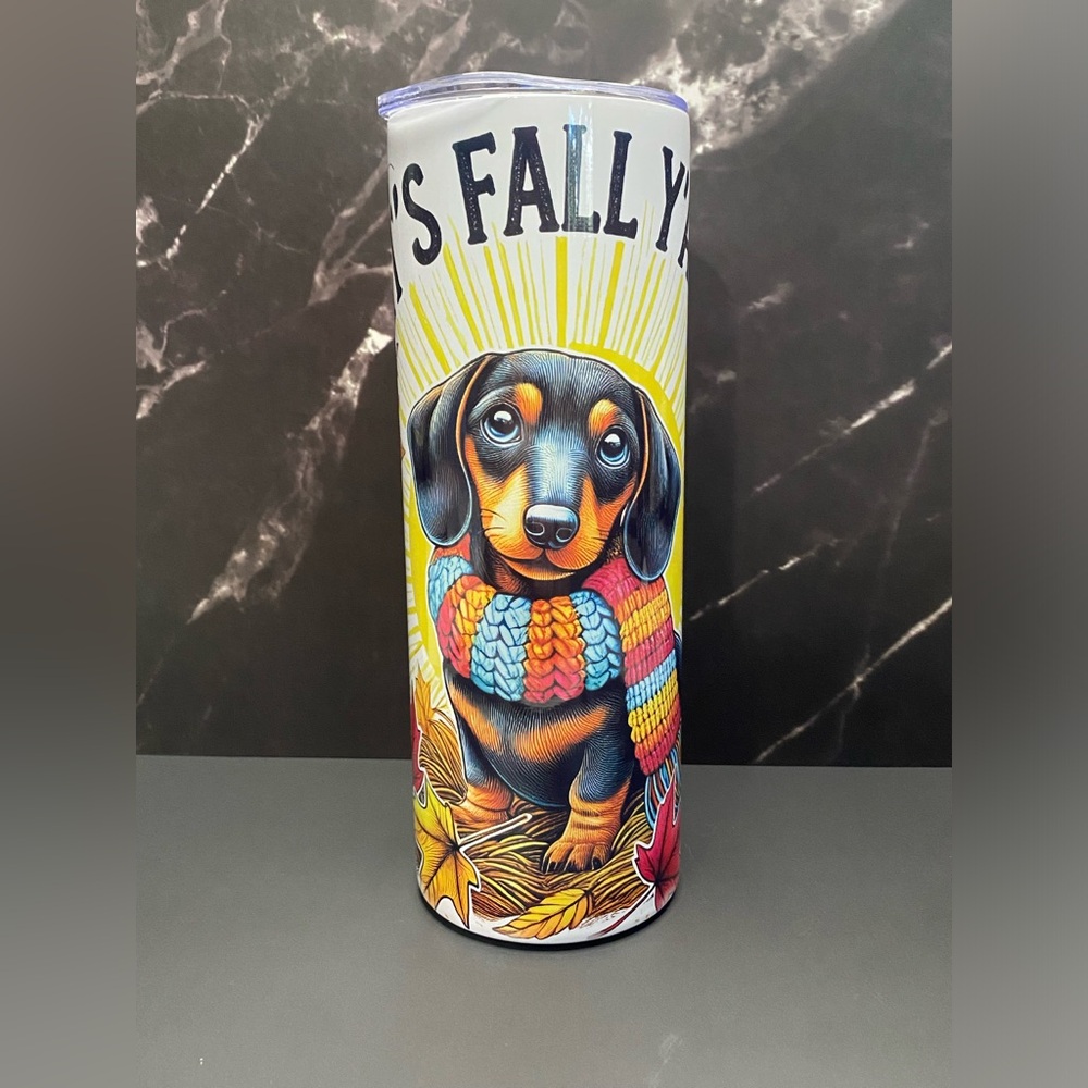 Black & Tan Dachshund "It’s Fall Y’all" - 20 oz stainless steel skinny tumblers